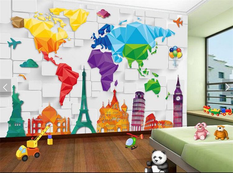 Kids Bedroom Wallpaper Colorful World Map Abstract Wallpapers Wall Decor Paper 3d Wall Covering 