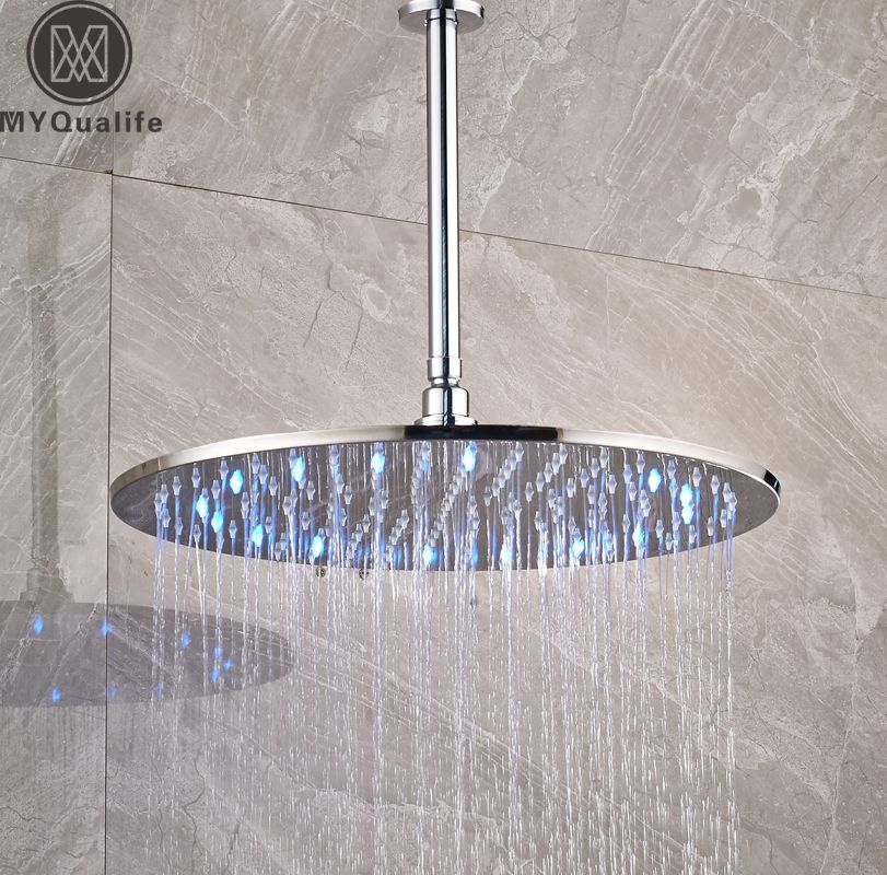 Luxury Led Colog Changing 16 Inch Big Rain Shower Head Ceiling Mounted Brass Shower Arm 40cm Round Showerhead