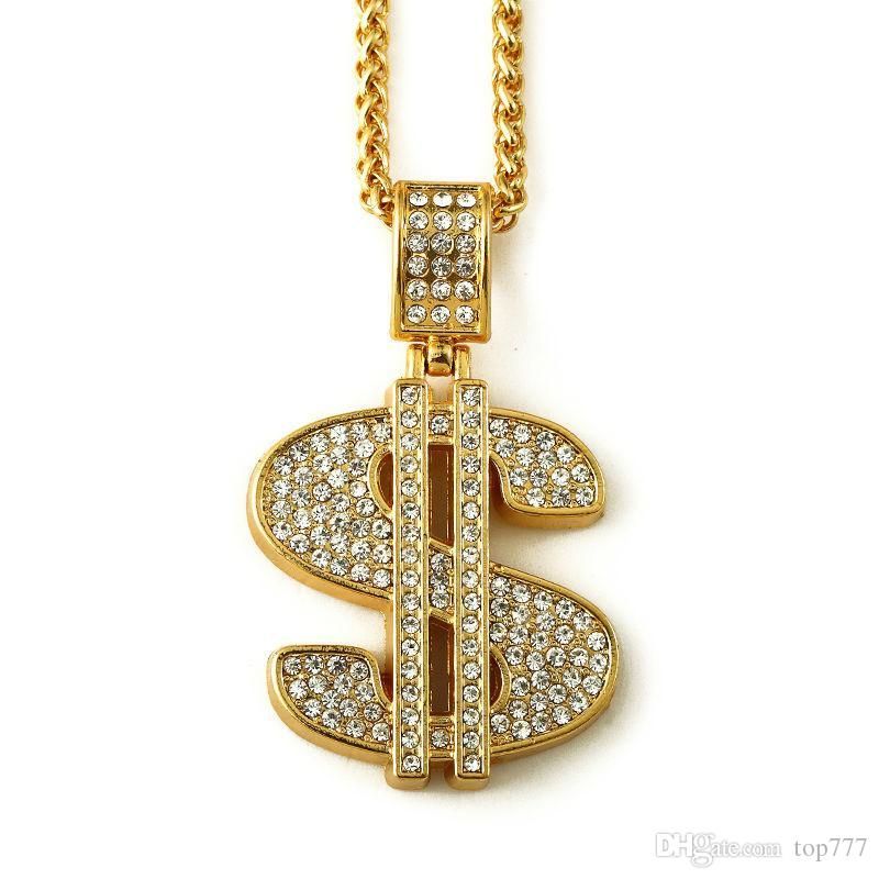 Wholesale 2018 Gold Hip Hop Bling Dollar Sign 75cm Gold Chain Dollars