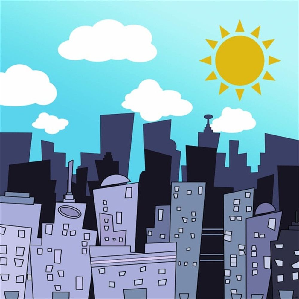 2019 white clouds blue sky city buildings kids cartoon backdrop