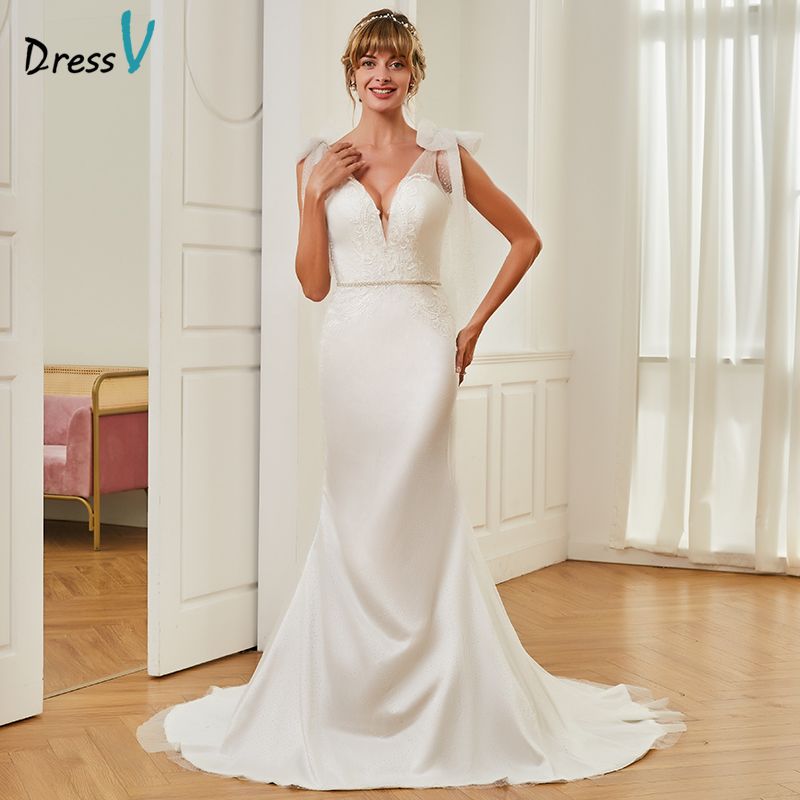 compre al por mayor trompeta v cuello vestido de novia sin mangas