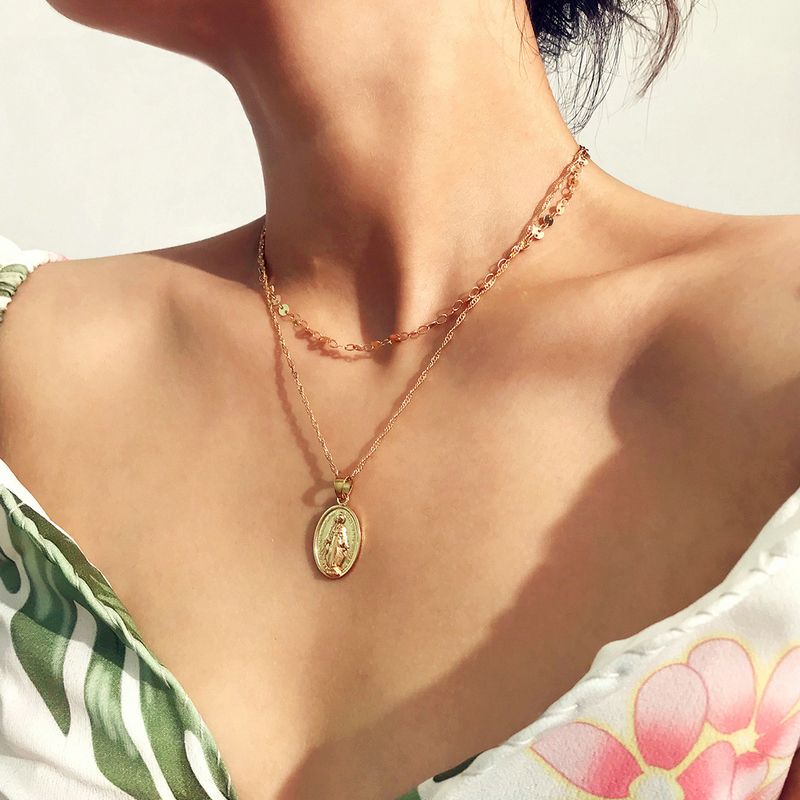 2019 Bohemian Virgin Mary Medallion Chain Pendant Necklace For Women 2019 Bohemian Virgin Mary Medallion Chain Pendant Necklace For Women Metal Gifts Figure Human Face Oval Long Layer Accessory From Qiugaoliang