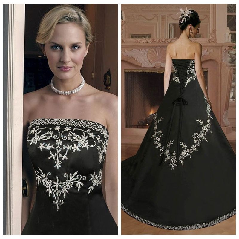 Discount 2019 Vintage Black A Line Wedding Dresses With Embroidery Lace