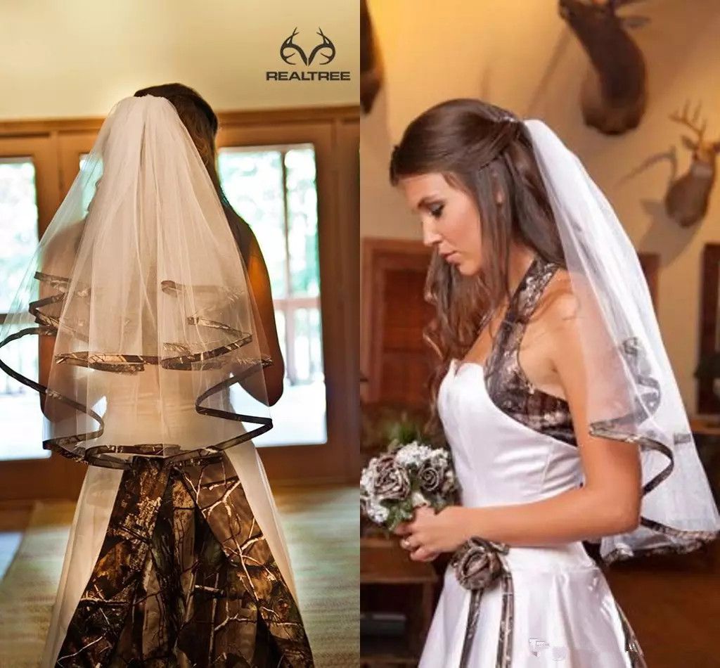 Camo Short Bridal Veils Camo Ribbon Edge Elbow Length White Tulle