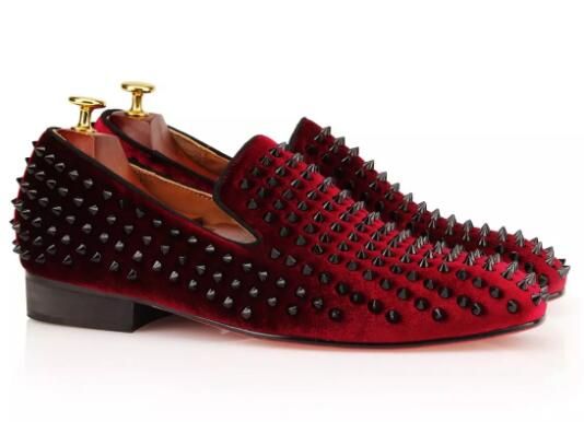 Wine Red Spikes Red Bottoms Loafers Men Burgundy Velvet Slippers Studded Studs Casual Shoes Wedding Men S Dress Shoes Genuine Leather Flats