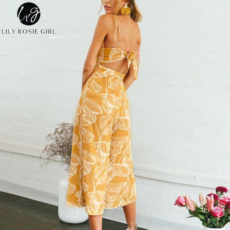 Lily Rosie Fille Plage Large Combinaison De Plage Barboteuses Feuille Arc Dos Nu Femmes Combinaison Spaghetti Strap Sexy Boho