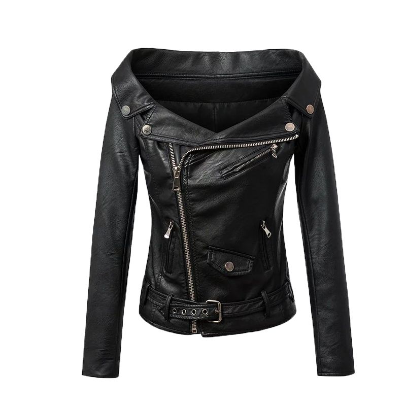 Autumn Women Faux Leather Jacket Off Shoulder Motorcycle Short Slim Basic Biker Coat Punk Outwear