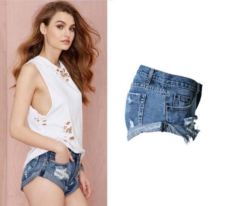 женские джинсовые шорты мода дамы разорвал отверстие Мидд талии летние короткие джинсы сексуальные мини-попой шорты для женщины