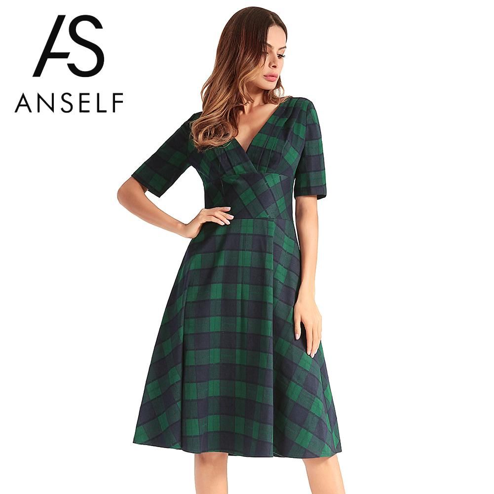 Lunghe Maniche Donna Acquista V Scollo Vestito A Con Da Scozzese zqSUVGMp
