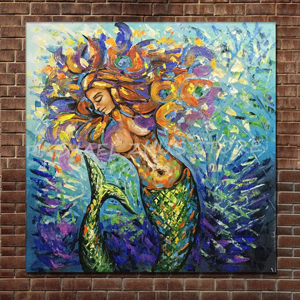 best modern cartoon art oil painting mermaid thick texture on canvas