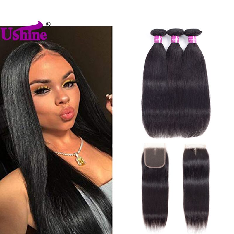 ushine straight virgin hiar bundles with 4 4 lace closure free part