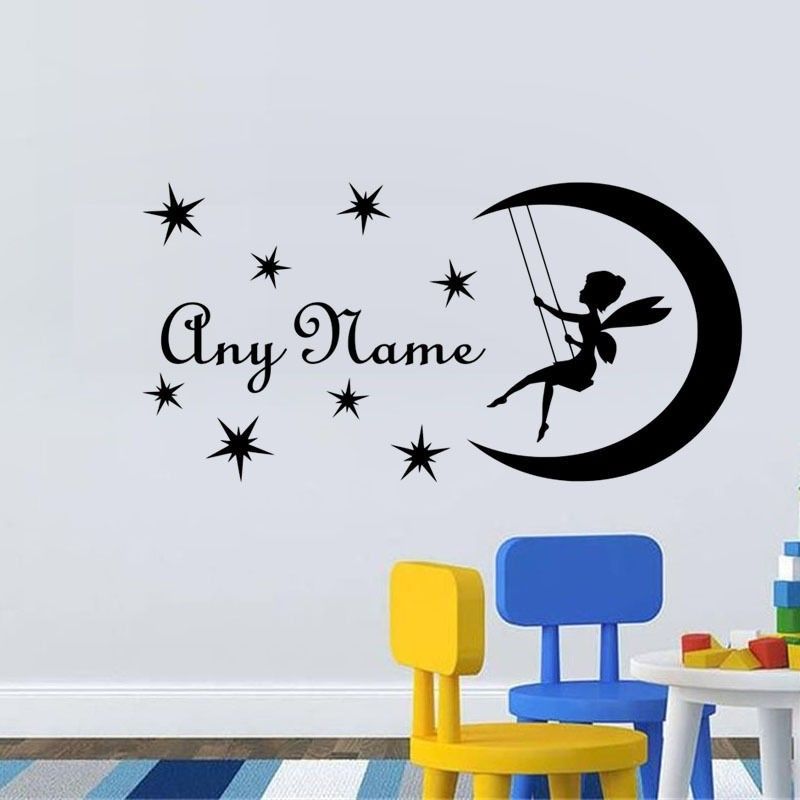 wall decal diy fairy on moon custom name wall sticker personalized