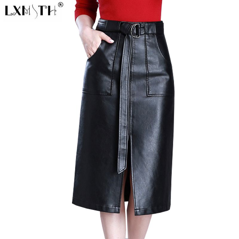 2018 plus size pu skirt belt midi length high waist ladies split plus size leather skirt