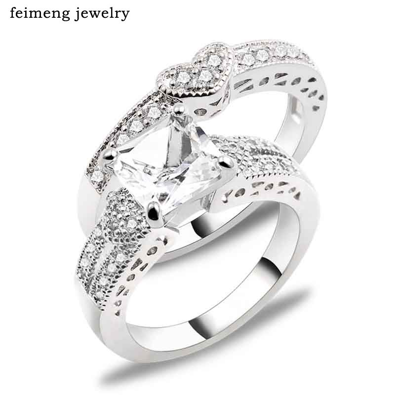 New Fashion Sliver Color Ring Sets Love Heart Cubic Zirconia Wedding