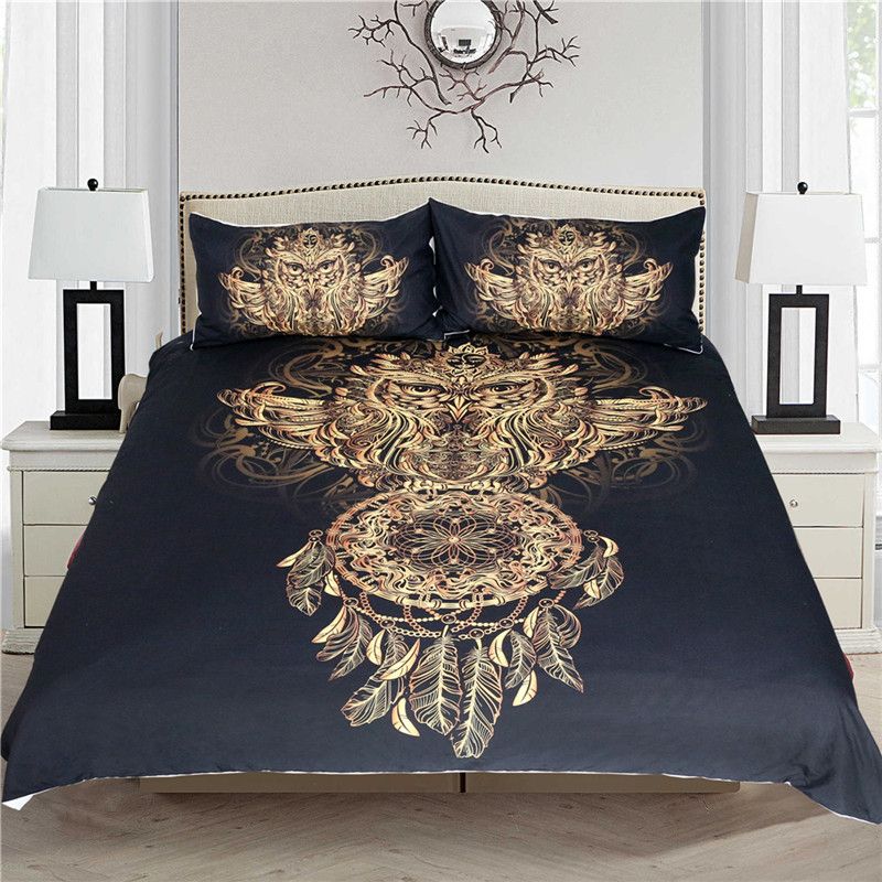 Golden Owl Bedding Set Luxury Dreamcatcher Print Black 3d Animal Golden Owl Bedding Set Luxury Dreamcatcher Print Black 3d Animal Feather Bohemian Twin Full Queen King Size Bed Cover Comforter Sets Silver
