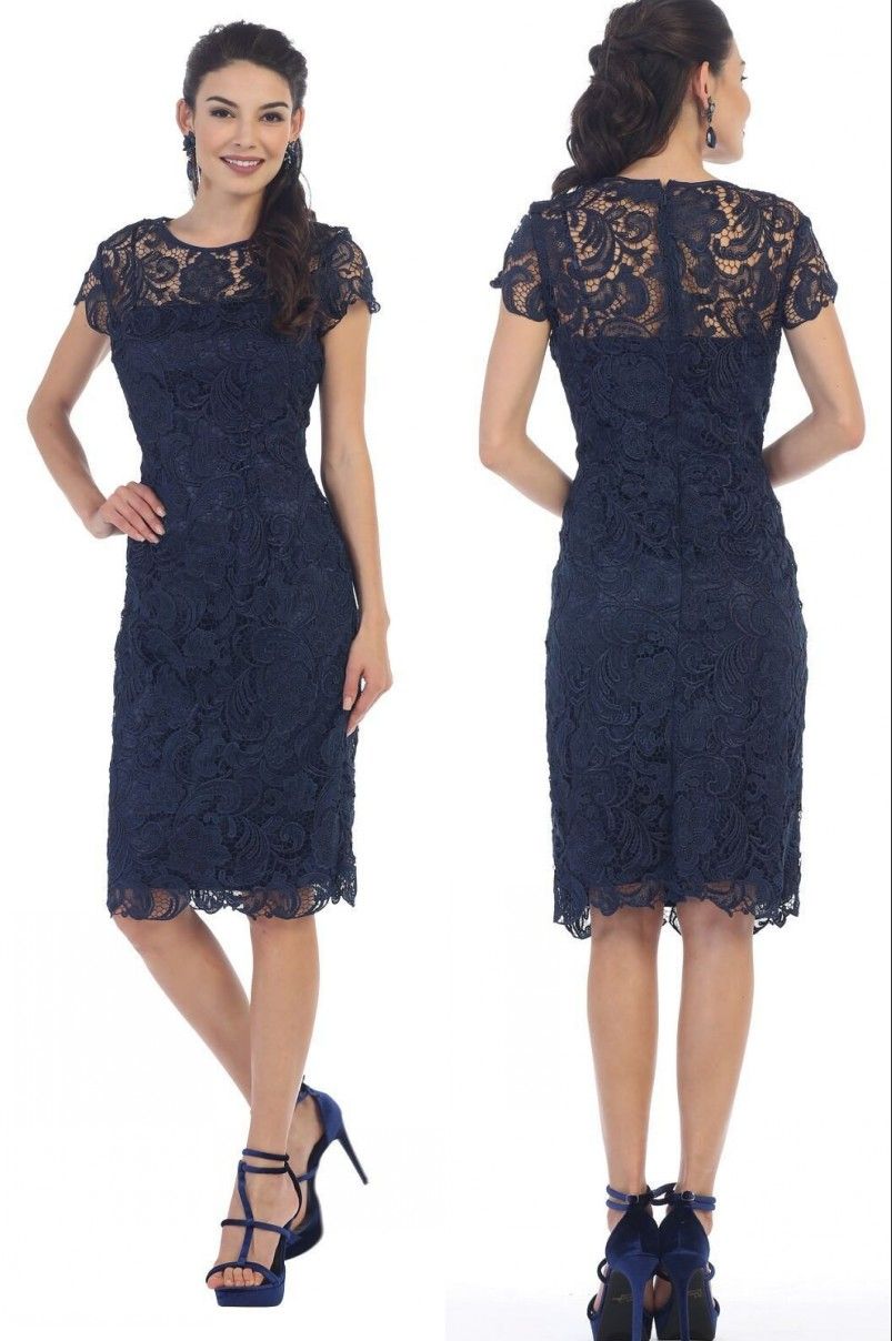 Navy Blue Knee Length Sheath Short Lace Mother of the Bride Dresses