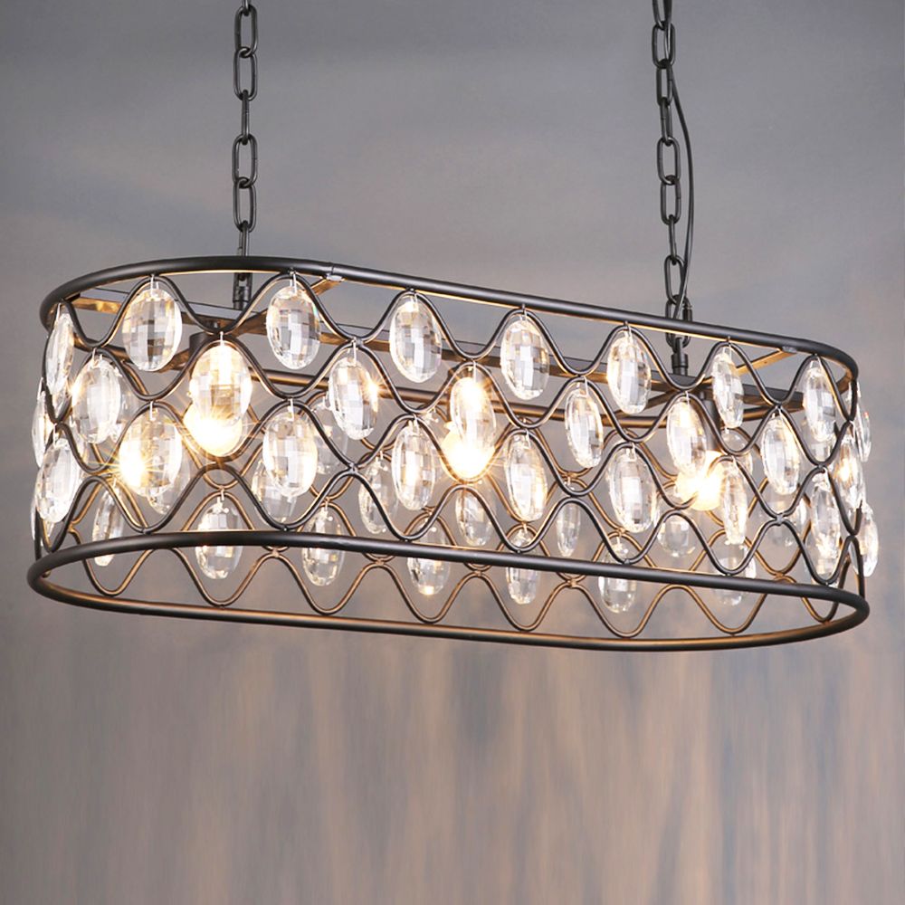 Modern Vintage Industrial Design E27 Black Iron K9 Crystal Oval Led Pendant Lights Fixtures For Loft Dining Room Bedroom Living Lamp