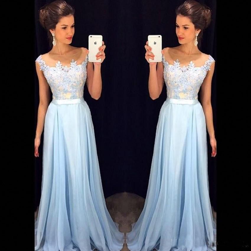 Compra Elegante Luz Azul Cielo Vestidos De Fiesta 2018 Pura Cuello Mangas  Mangas Gasa Piso Longitud Vestidos Formales Modestos Vestidos De Noche  Cremallera Barato | Entrega Rápida Y Calidad | Es.Dhgate