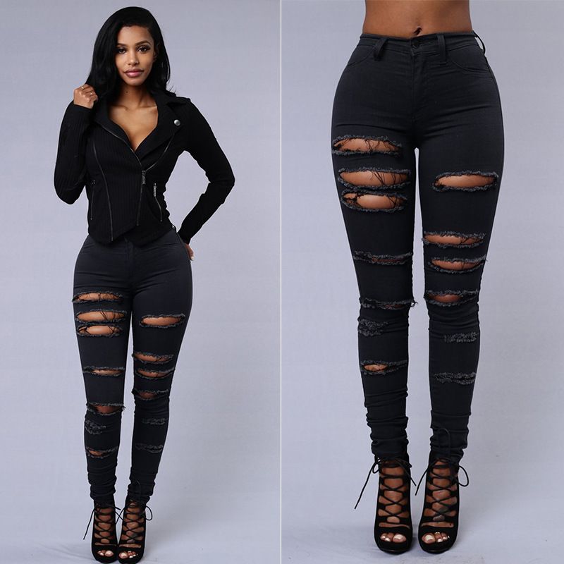 2020 Slim Ripped Hole Hollow Out Jeans For Women Skinny High Waist Woman Blue Denim Pencil Pants