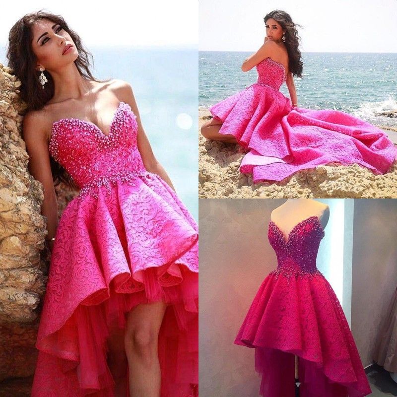 Acquista Abiti Da Sera Eleganti In Pizzo Fucsia Abiti Da Sera Hi Lo Una  Linea Abiti Da Festa Da Cocktail Con Parte Posteriore Lunga E Lunga Sul  Davanti Abiti Da Ballo Su