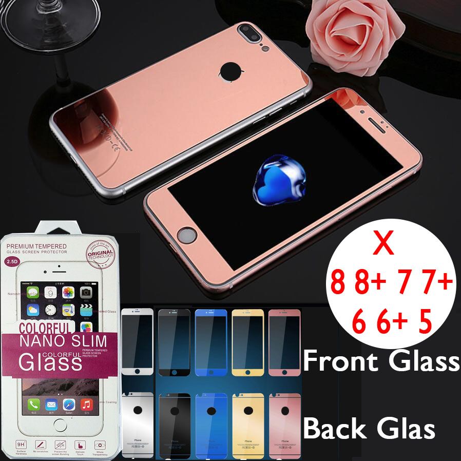 Front And Back Mirror Color Galss For Iphone X 8 8plus 7 Plus 6 5 Front And Back Mirror Color Galss For Iphone X 8 8plus 7 Plus 6 5 Tempered Glass Phone Screen Protector In Retail Pack Protectors