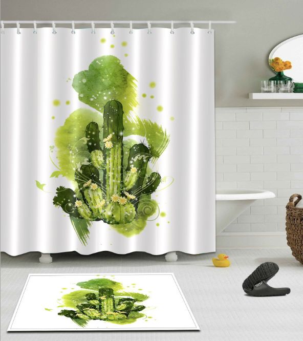 3d Cactus Flower Print Pattern Irish Decorations Waterproof Bathroom Decor Fabric Shower Curtains Floor Mats Sets