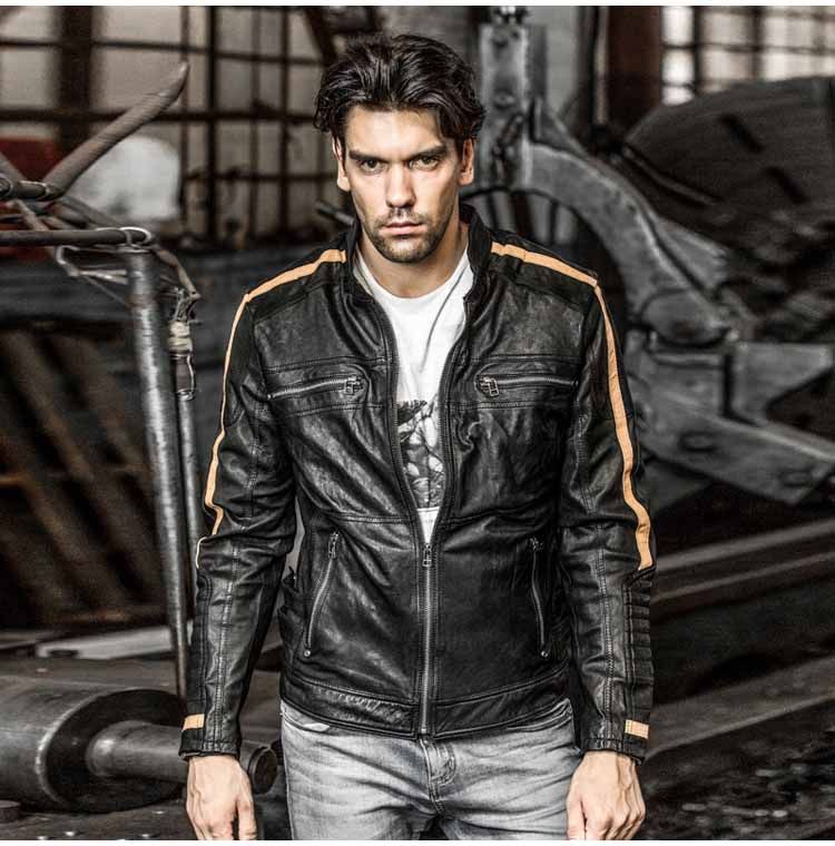 On Motorcycle Jacket Striped Sleeve Men S Simple Style Leather Stand Collar High Quality Sheep