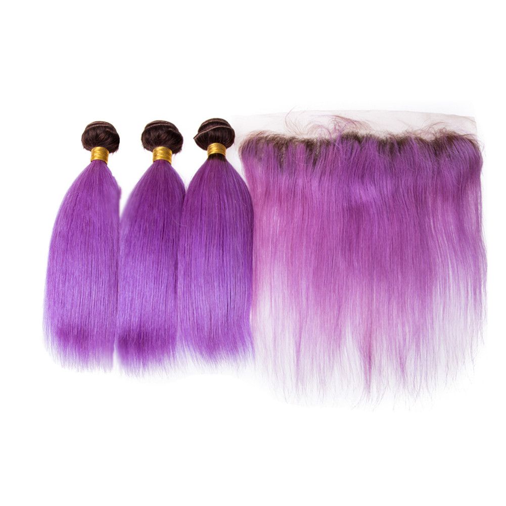 Compre Extensiones De Cabello Color Púrpura Ombre Con Frontal De Encaje 13x4 Medio Libre De Tres Partes Derecho Cabello 1b Púrpura 3bundles Teje Con
