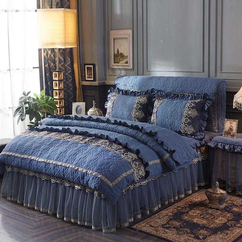 Quilted Cotton Princess Luxury Bedding Set Queen King Size Bed Quilted Cotton Princess Luxury Bedding Set Queen King Size Bed Grey Blue Pink Lace Duvet Cover Skirt Table Sets Teen
