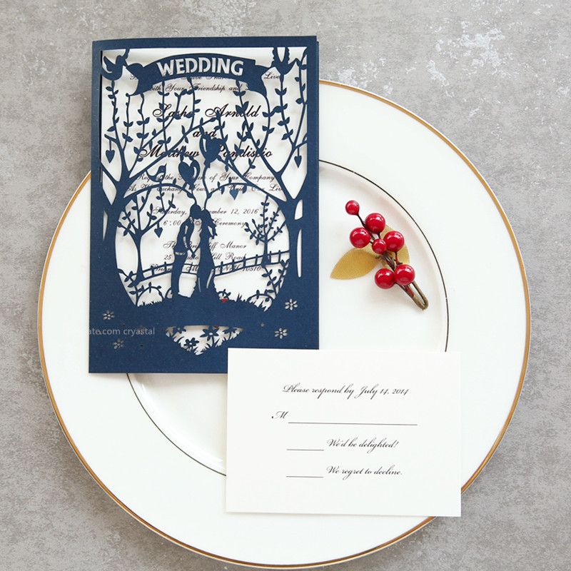 2018 Fancy Romantic Navy Blue Love Tree Laser Cut Wedding Invite