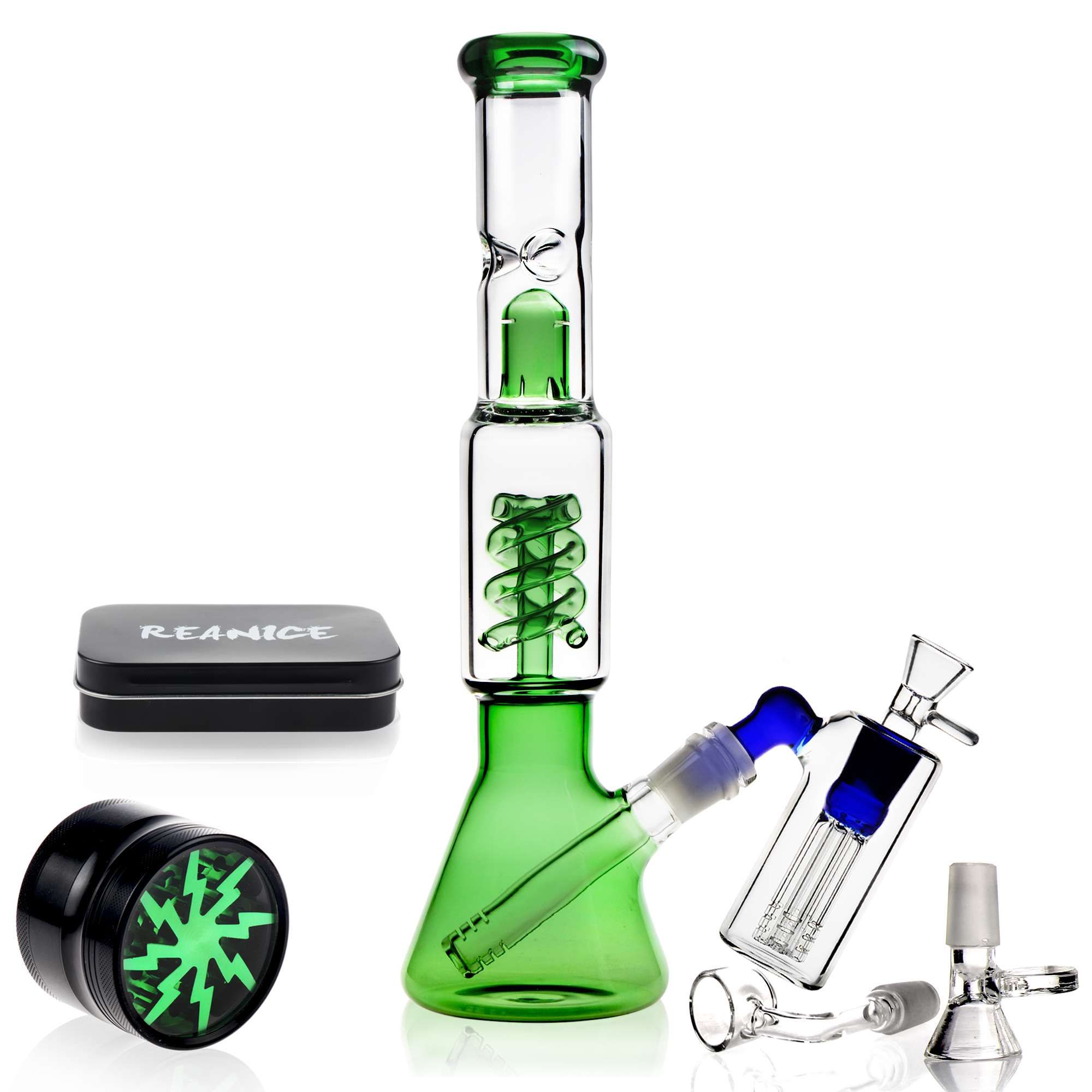 2020 Reanice Glass Bong Green 14.5mm Water Bongs Handmade Ice Bubbler