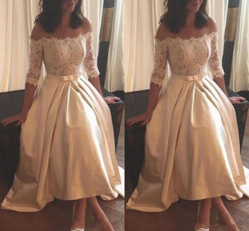 Discount Elegant Lace Top Ivory Satin Wedding Dresses Off Shoulder