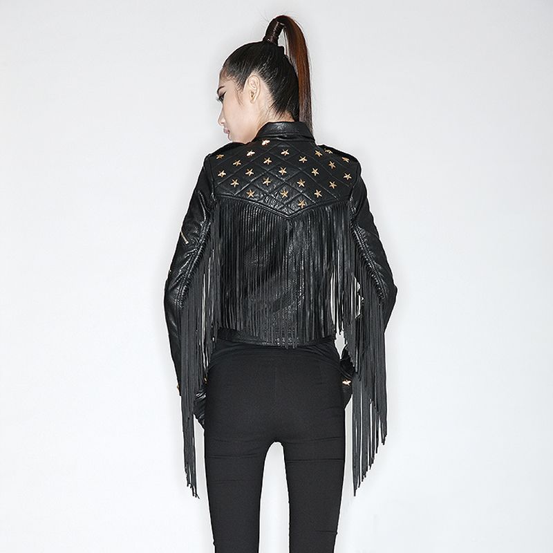 Women S Jackets Spring Autumn Brand Quilted Pu Leather Five Star Rivet Beaded Slim Long Fringed Motorcycle Short Jacket Female Coat Designer