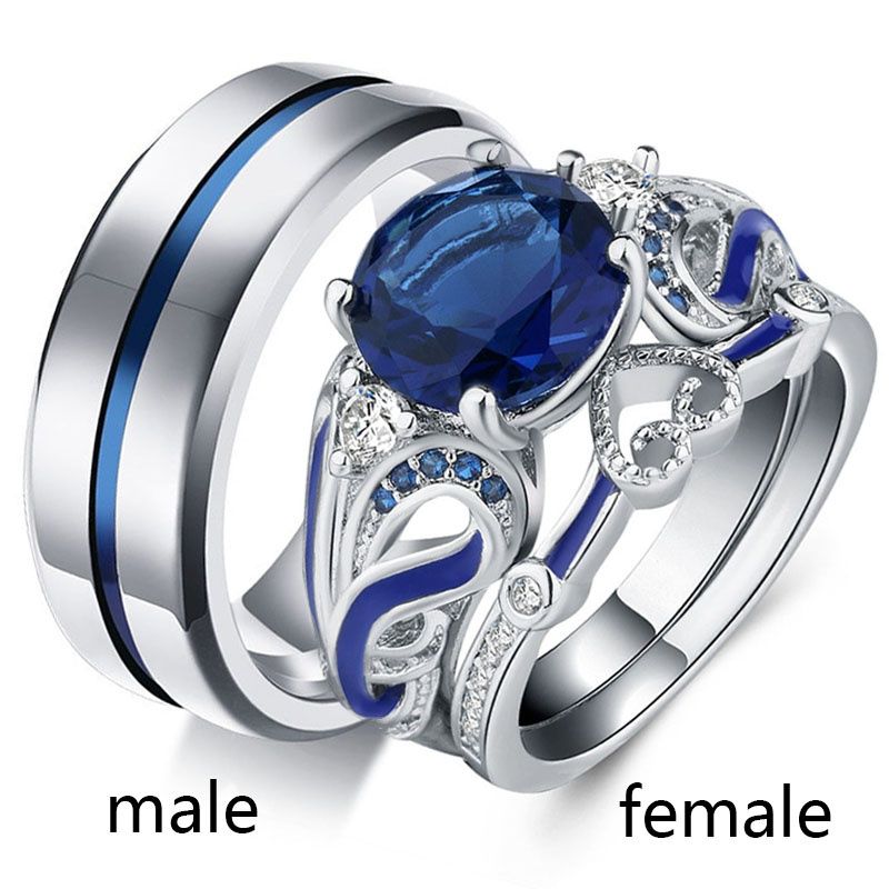 2019 Sz5 12TWO RINGS Couple Ring His Hers Round Sapphire White Gold ...