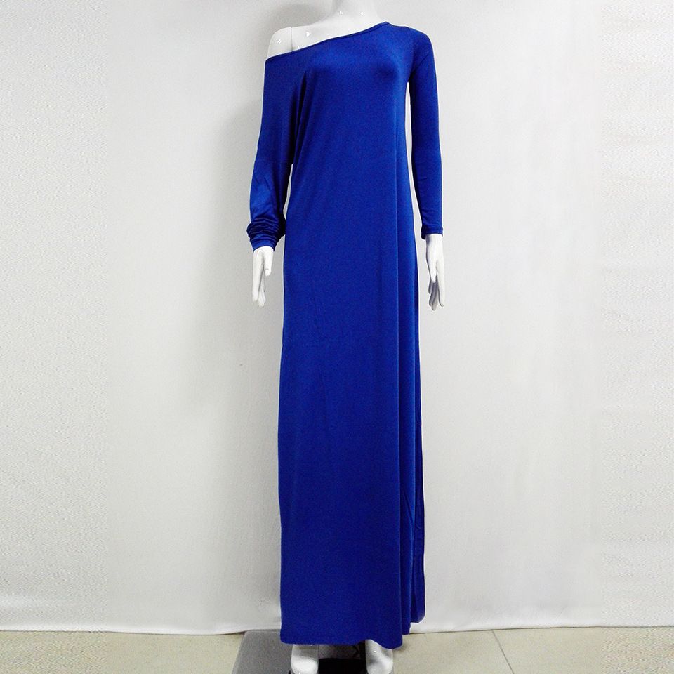 여성 맥시 드레스 긴 느슨한 에스닉 한 어깨 긴 소매 캐주얼 탄성 플러스 크기 S-2XL 봄 패션 의류