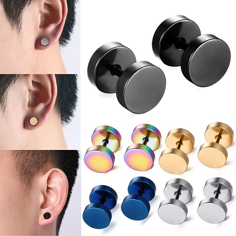 2019 Black Stud Earrings Men Women Faux Gauges Ear Plugs Tunnel Stainless Steel Earrings 8mm