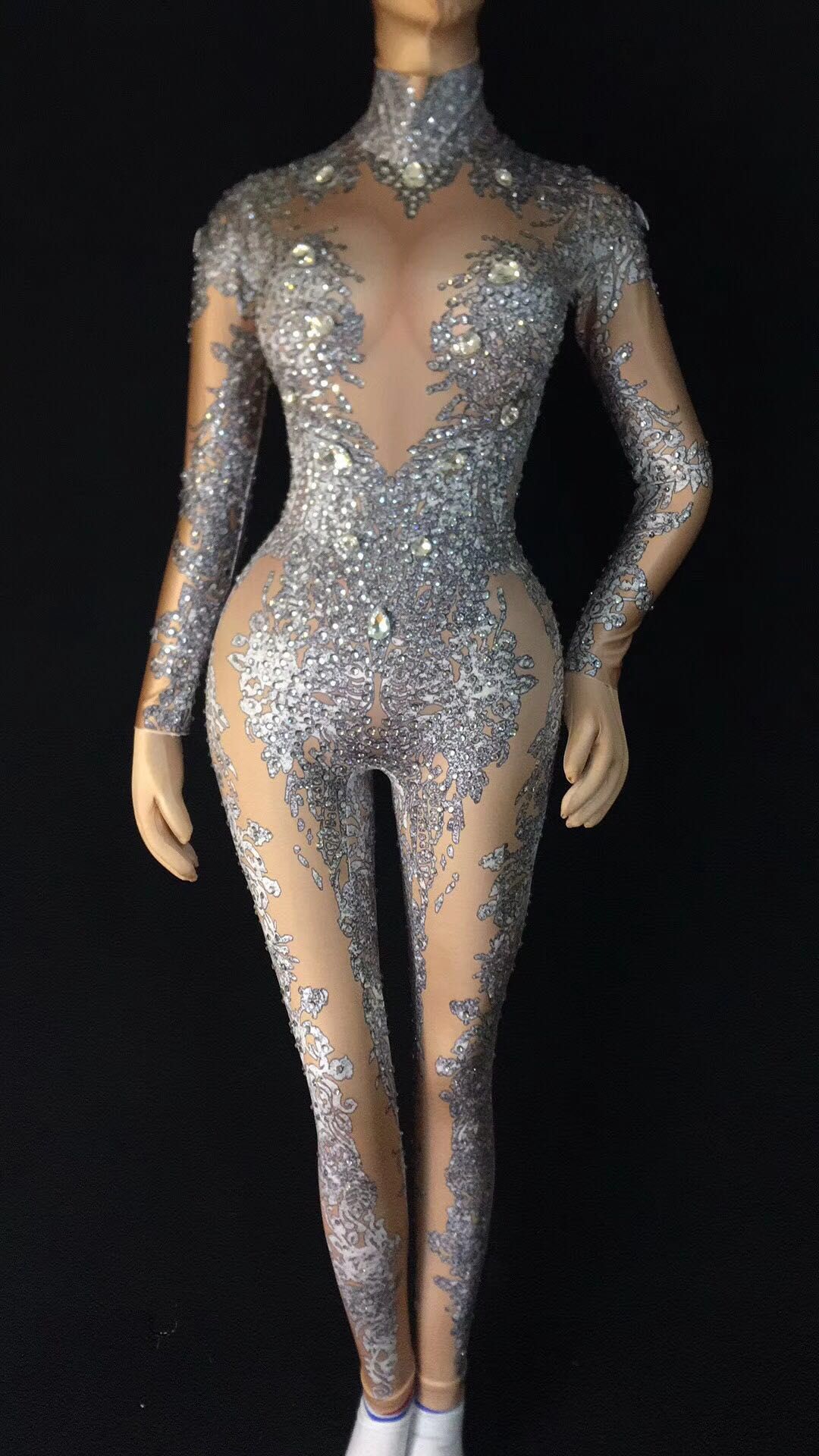 2018 Women's Sexy Rhinestones Bodysuit Stage Outfit Female Singer Gray
