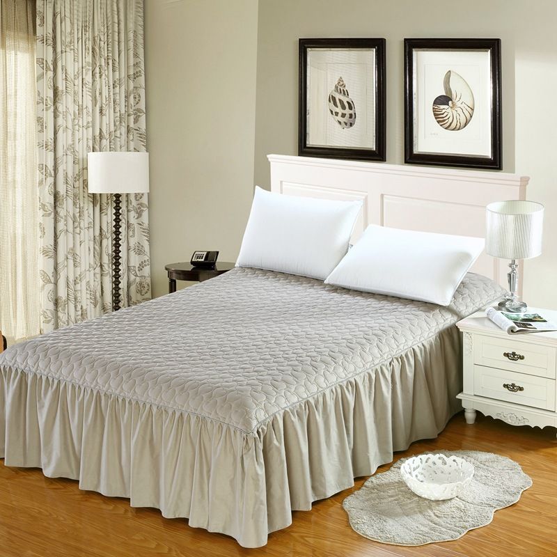 Home Quilted Bed Cover Silver Bedskirt 100 Cotton Thicken Padded Home Quilted Bed Cover Silver Bedskirt 100 Cotton Thicken Padded Bedspread With Ruffle 180 200cm Fitted Sheet Grey Bedding King Dust Ruffles