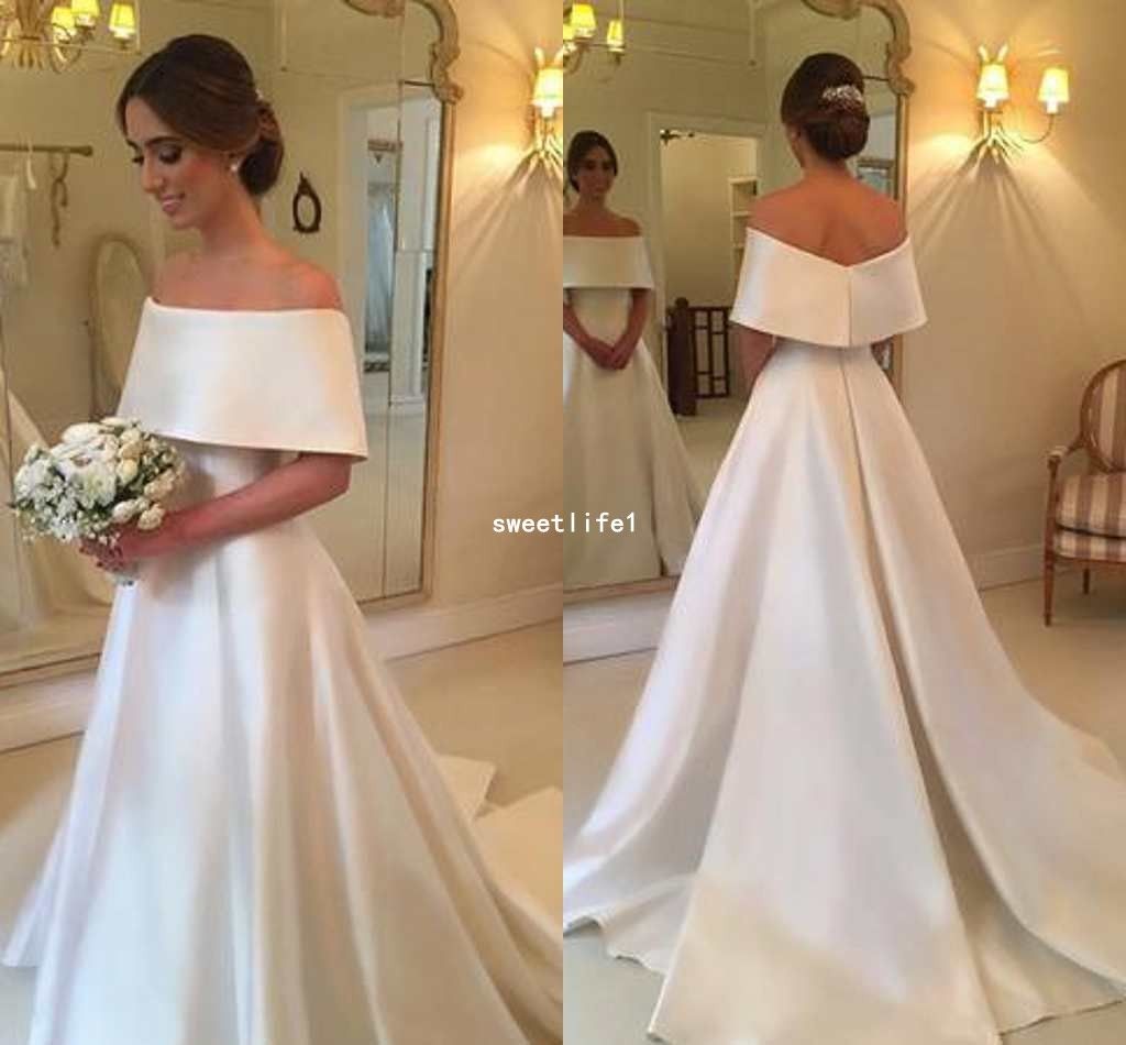 off the shoulder satin wedding gown