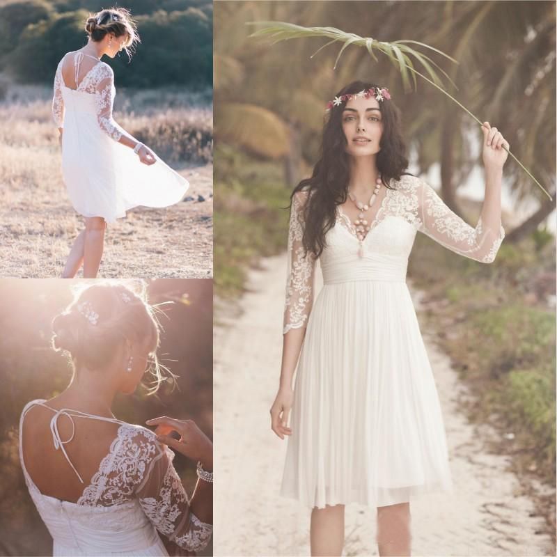 compre boho corto vestido de boda barato con 3/4 mangas largas