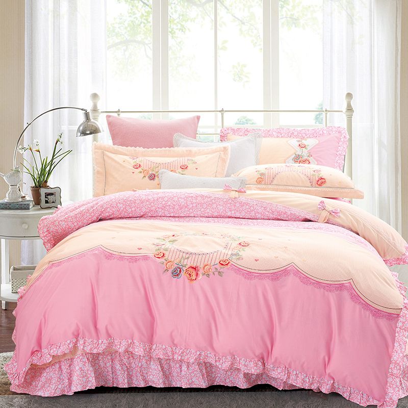 White Ruffle Bedding Sets Cotton Princess Duvet Cover Girls White Ruffle Bedding Sets Cotton Princess Duvet Cover Girls Bedspread Bed Skirt Pink Embroidery Bedclothes Set Luxury Sheets From