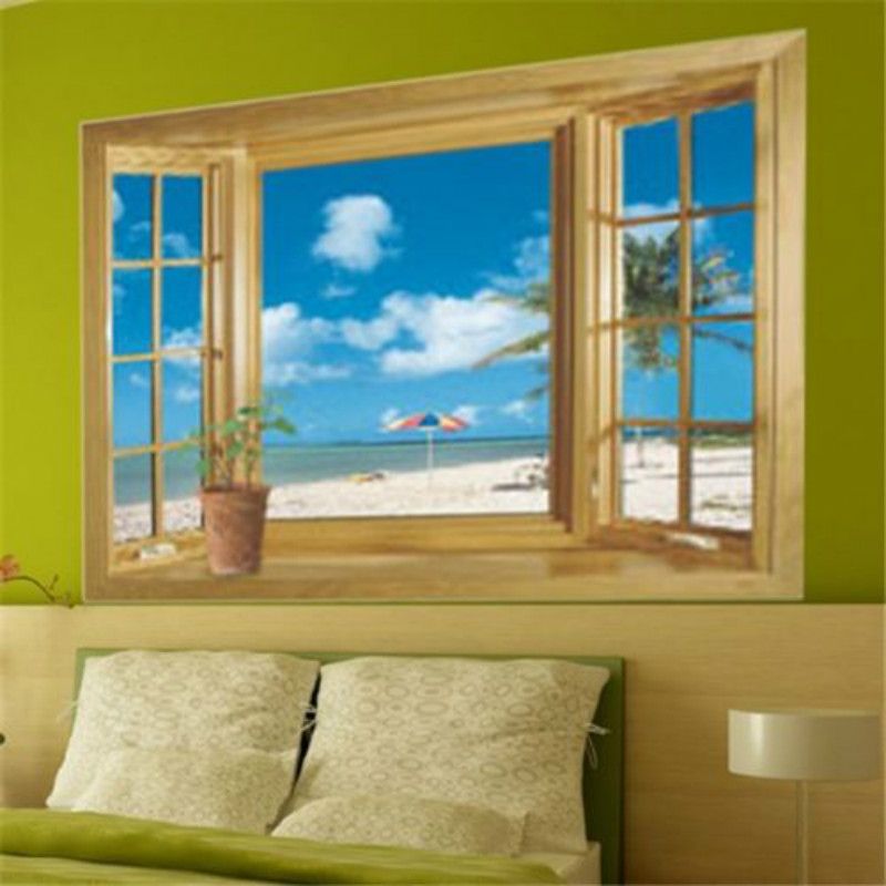 Großhandel Super 3D Strand Holz Fenster Ansicht Wandaufkleber Home