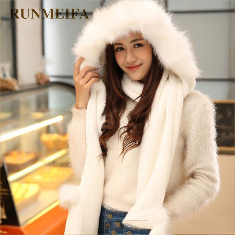 Aivtalk Children Warm Fleece Earflap Hat Winter Long Scarves Hooded Scarf Gloves Sets