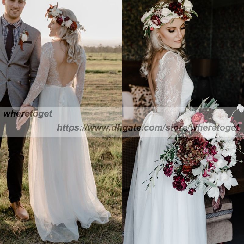 Discount Stunning 2018 Beach Bohemian Wedding Dresses Sheer Long Sleeve