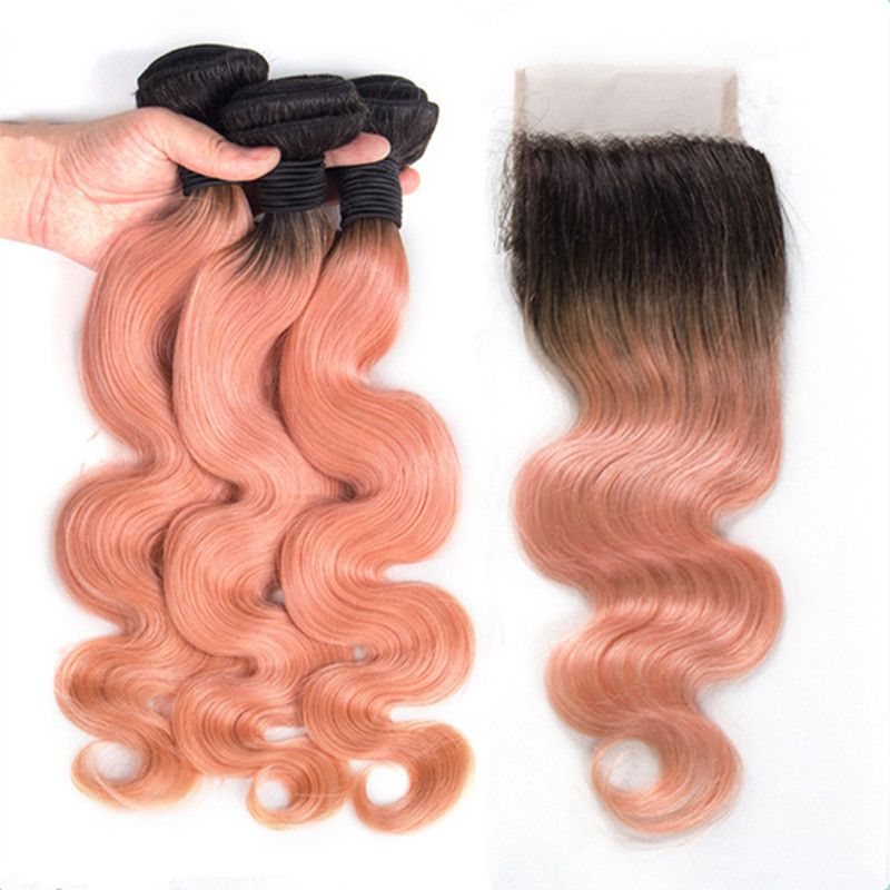 2019 Body Wave 1b Rose Gold Ombre Peruvian Human Hair 3bundles With 4x4 Lace Closure Dark Rooted Pink Ombre Virgin Hair Weaves With Closure From