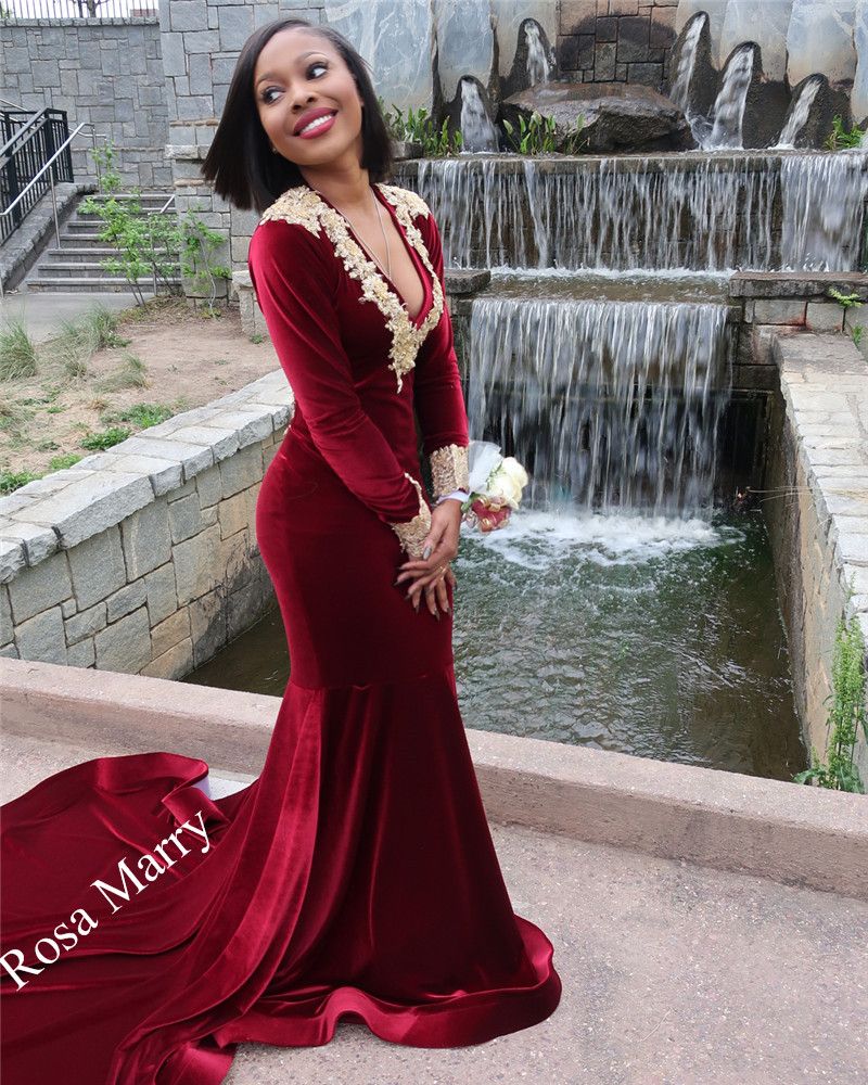 Sexy Red Velvet Mermaid Prom Dresses 2K18 Black Girls Gold