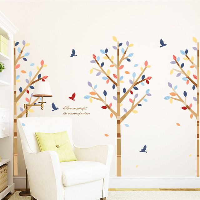 Colorful Tree Flying Birds Wall Stickers Living Room Decor Vinyl Decals Removable Mural Art Wallpaper Modern Poster