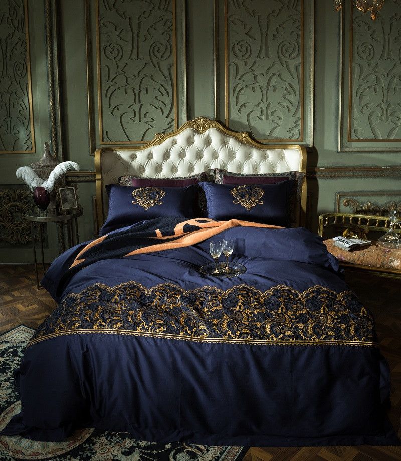 Blue Luxury Lace Embroidery Egyptian Cotton Comfortable Bedding Set Blue Luxury Lace Embroidery Egyptian Cotton Comfortable Bedding Set Duvet Cover Bed Linen Sheet Pillowcases King Queen Size Denim
