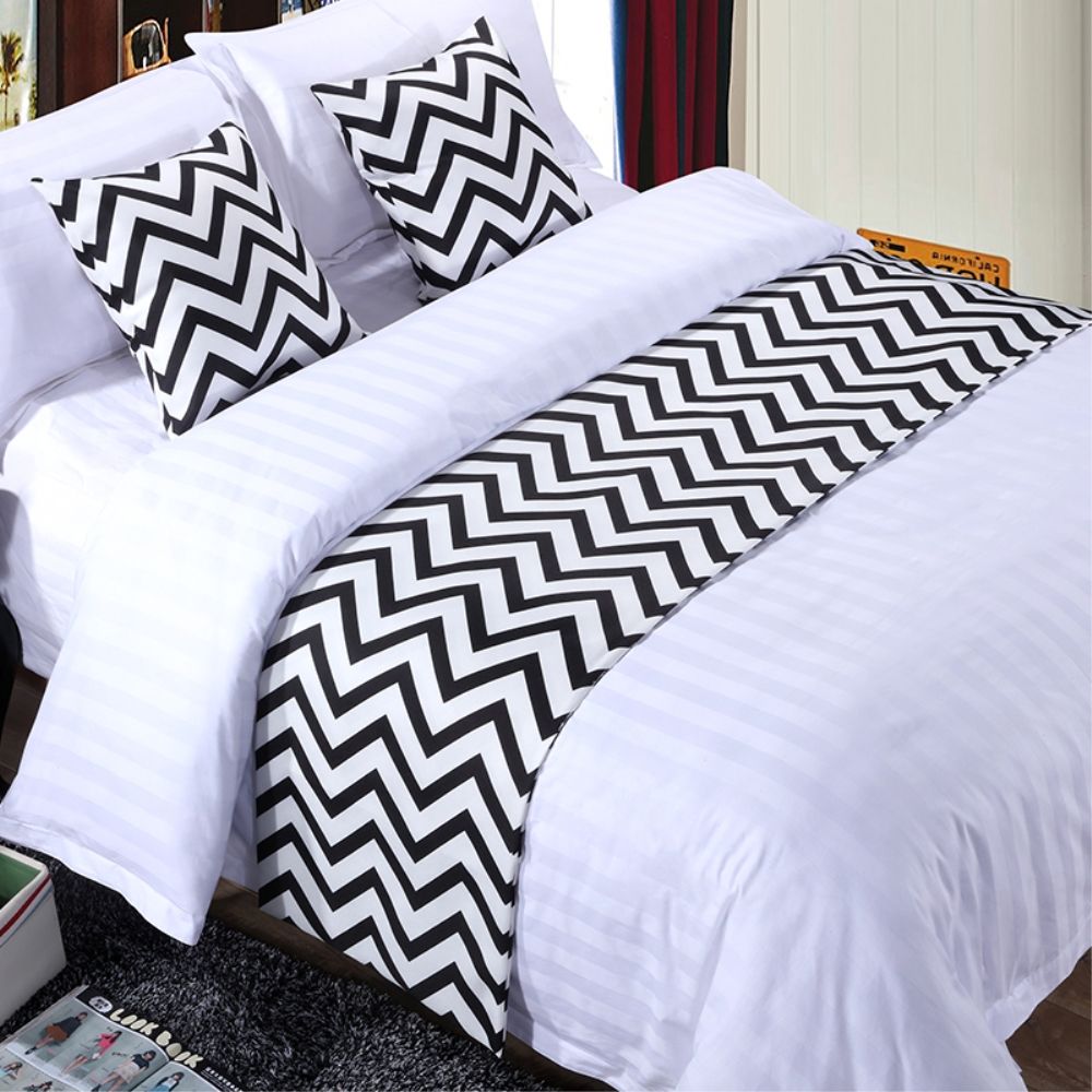 Acheter Noir Et Blanc Stripe Coton Couvre Lit Lit Runner Throw Home