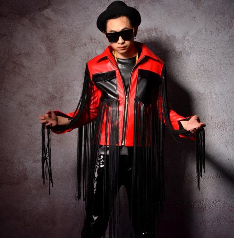 Pu Leather Male Tide Fashion Jacket Outerwear Red Black Tassels Pu Leather Male Tide Fashion Jacket Outerwear Red Black Tassels Coat Blazer Singer R Star Dj Ds Stage Costumes Performance Wear Mens Jackets